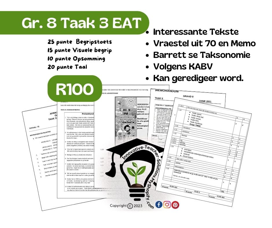 Graad 8 Afrikaans EAT Taak 3 2024 (begrip, visuele begrip, opsomming, taal)