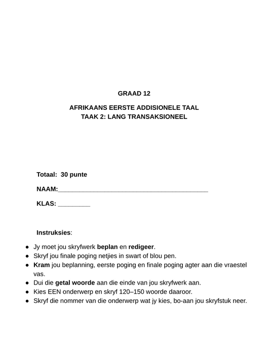 Graad 12 Afrikaans EAT Taak 2 2024